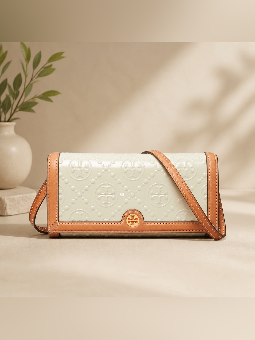 Tory Burch Cream Patent wallet Crossbody with Tan Leather Trim